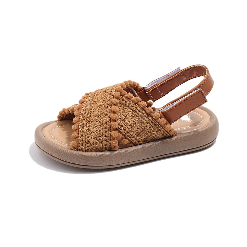 Girls Cross Strap Sandals with Textured Trim and Open Toe Design, Brown or Beige Retro Summer Shoes for Casual Outfits and Vacation Photos