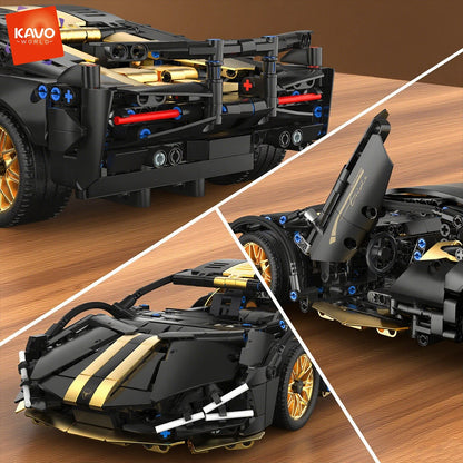 Supercar Building Set, 1280-Piece Black and Gold 1:14 Scale Sports Car Model with Adjustable Rear Wing and Opening Cockpit by KAVOWORLD