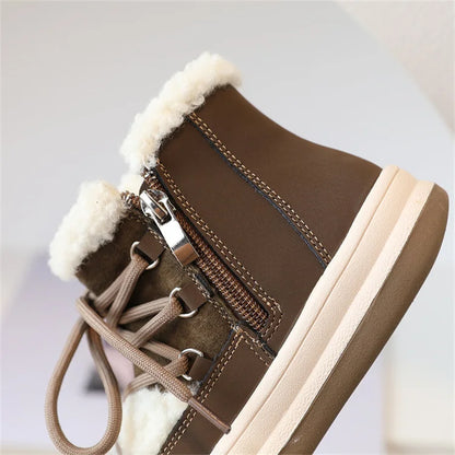 Toddler Fuzzy Trim Ankle Boots with Lace-Up Front and Side Zippers, Plush Winter Styling and Rubber Soles for Boys and Girls, Sizes 21–30