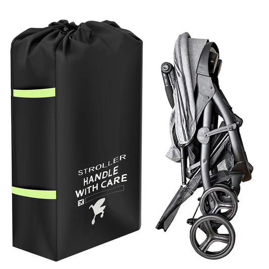 Stroller Transport Cover Bag in 300D Oxford Cloth, Black Drawstring Travel Storage with Carry Strap and Name Tag Area for Flights and Road Trips