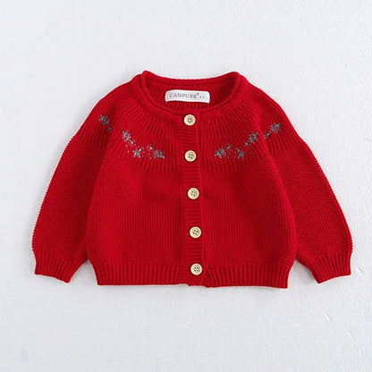 Contrast-Trim Ruffle Collar Baby Girl Cardigan Styles with Button Front and Long Sleeves, Infant and Toddler Knit Sweater Options in Sizes 3M-3T