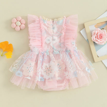 Embroidered Baby Girl Romper Dress with Pink Floral Mesh Skirt and Flutter Sleeves, Matching Headband and Snap Bottom for Party Photos, 0-24 Months