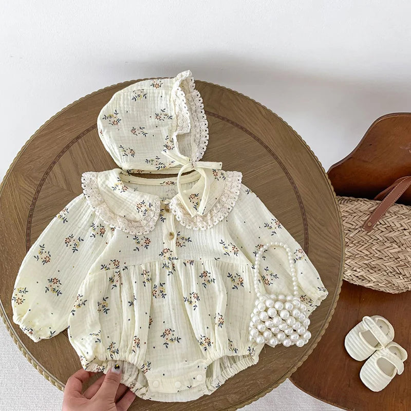 Lace Collar Baby Girl Romper with Bonnet, Cream Floral Long Sleeve Bubble One-Piece and Matching Hat for Spring Photos, Sizes 66-90