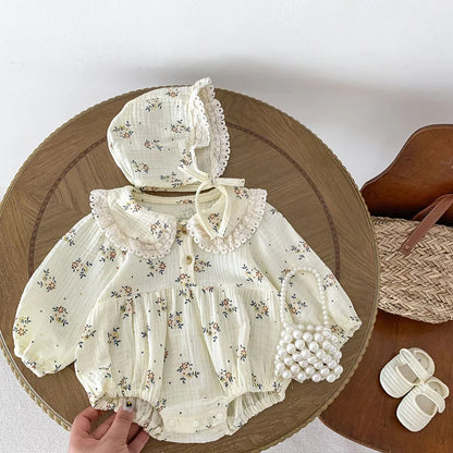 Lace Collar Baby Girl Romper with Bonnet, Cream Floral Long Sleeve Bubble One-Piece and Matching Hat for Spring Photos, Sizes 66-90