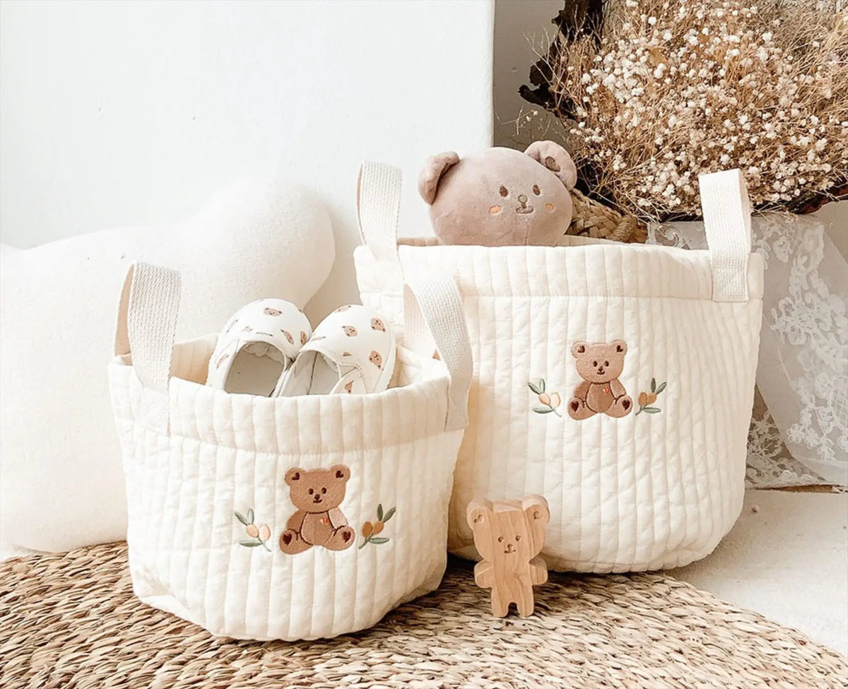 Diaper Storage Basket with Cute Bear Embroidery and Carry Handles, Quilted Nursery Organizer for Newborn Diapers, Toys and Baby Essentials