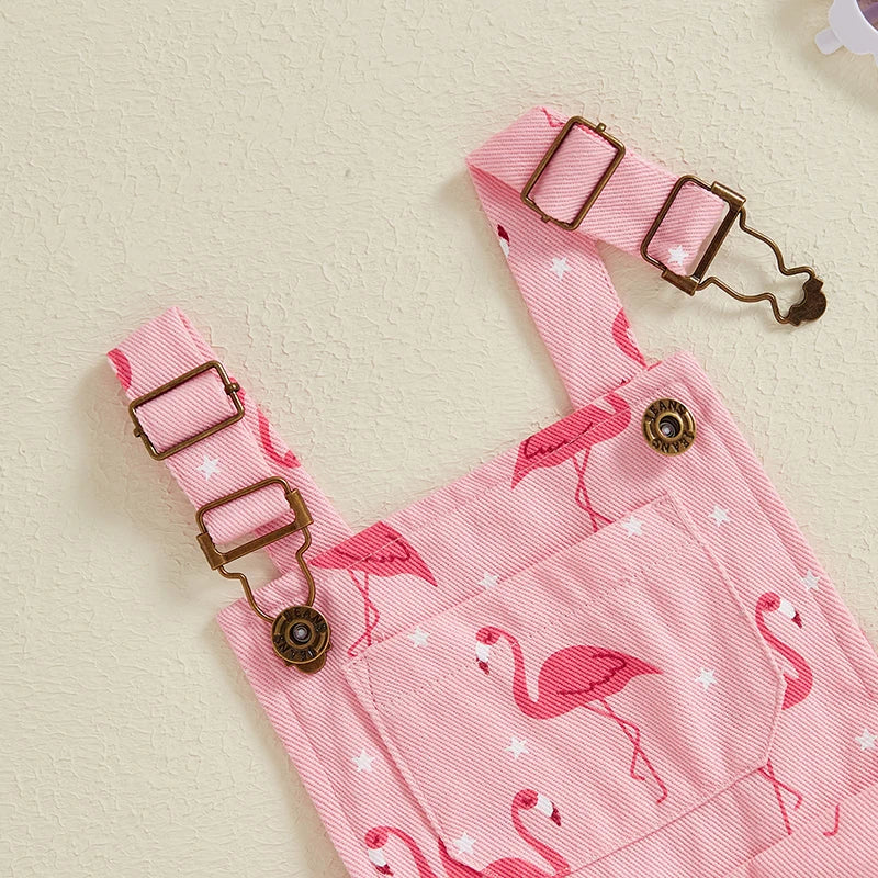 Girls Flamingo Denim Short Overalls in Pink with Adjustable Straps, Bib Pocket and Rolled Hems for Summer Outings, Birthdays and Photos