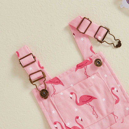 Girls Flamingo Denim Short Overalls in Pink with Adjustable Straps, Bib Pocket and Rolled Hems for Summer Outings, Birthdays and Photos