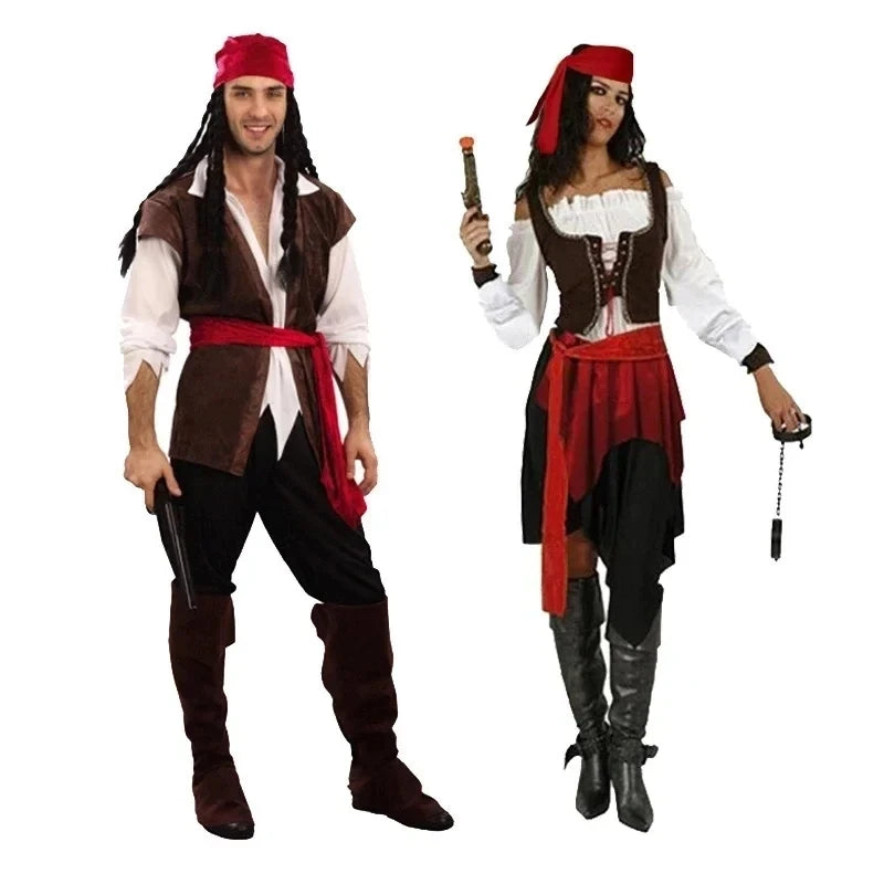 Pirate Captain Cosplay Outfit for Adults, Men’s Pants or Women’s Skirt Costume with Head Scarf and Vest for Halloween and Carnival
