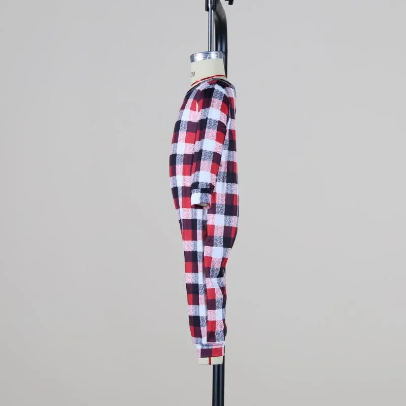 Reindeer Family Matching Pajamas with White Long Sleeve Tops and Red Black Plaid Pants, Christmas Outfits for Mom, Dad, Kids and Baby Size Options