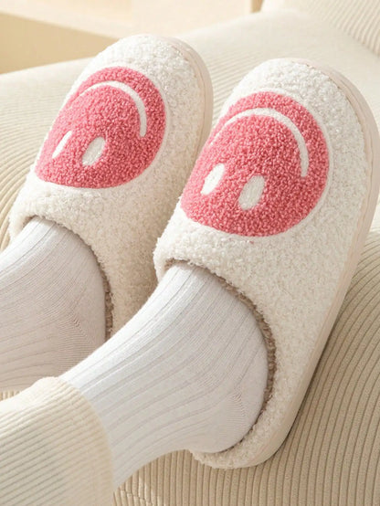 Kids Smiley Face Plush Slippers, Closed-Toe Slip-On Indoor House Shoes with Thick Soles in Blue, Pink, Yellow or Light Green for Fall and Winter