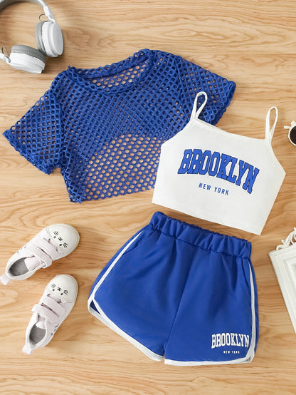 Girls Mesh Top and Shorts Outfit with Brooklyn Print Cami, Three-Piece Summer Set with Short Sleeves and Elastic Waist for Ages 8-12
