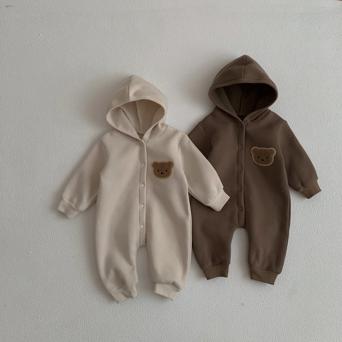 Baby Hooded Snap Front Jumpsuit with Bear Patch, Long Sleeve One-Piece Outfit in Coffee or Beige for Boys and Girls, Sizes 3M-18M