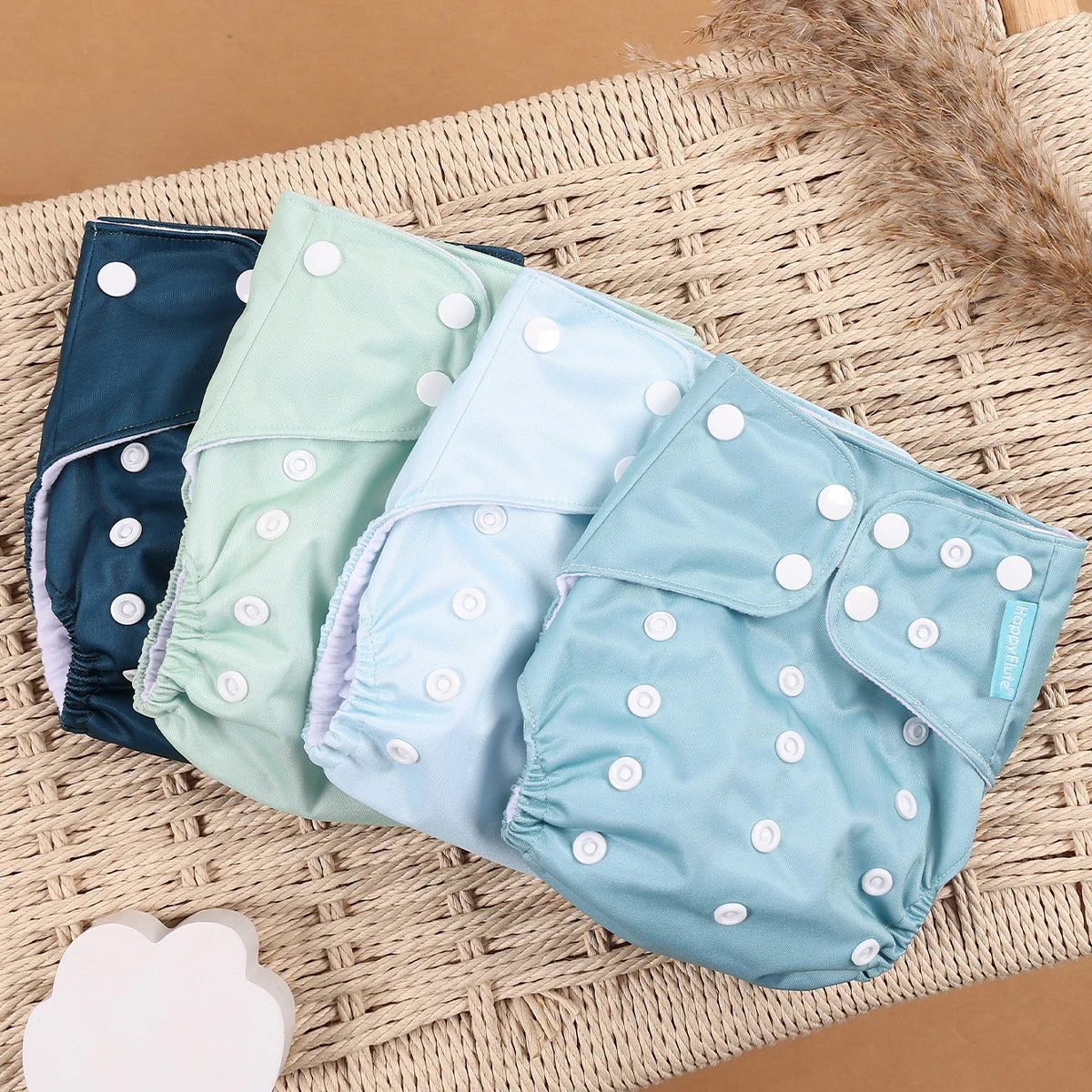 Pocket Cloth Diapers 4-Pack by Happyflute, Reusable Baby Nappies with Printed PUL Outer, Suede Cloth Lining and Snap Closures for 3–15 kg