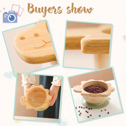 Bamboo Baby Suction Bowl and Tableware Options, Sun, Cloud and Dinosaur Designs with Single-Piece or 3-Piece Wooden-Handle Utensil Sets