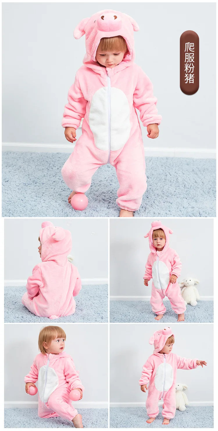 Baby Animal Hooded Costume Jumpsuit with Flannel Styling, Duck, Rabbit, Leopard and More Dress-Up Options for Boys and Girls, Sizes 70-120