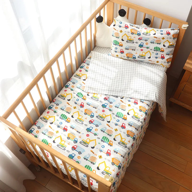 Cotton Toddler Bedding Set, 3-Piece Printed Duvet Cover and Pillowcase with Flat Sheet or Mattress Cover, Kids Room Bed Linens