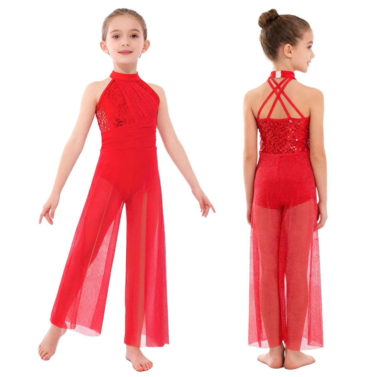 Girls Sequin Dance Jumpsuit with Split Wide-Leg Mesh, Sleeveless Mock Neck and Crisscross Back for Lyrical Recitals and Stage Performances