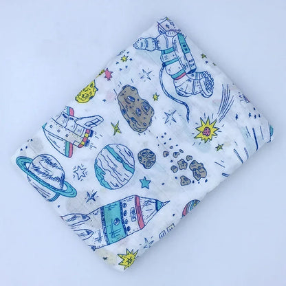 Printed Cotton Muslin Receiving Blanket for Babies with Space, Animal and Floral Designs, Approx. 120 x 120 cm Square Wrap with Smaller Mountain Option