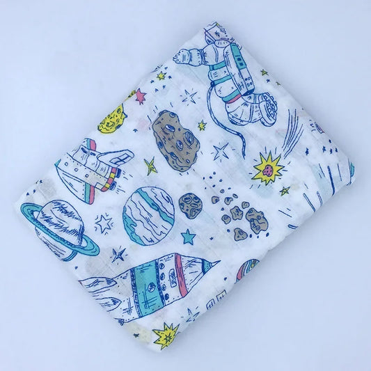 Printed Cotton Muslin Receiving Blanket for Babies with Space, Animal and Floral Designs, Approx. 120 x 120 cm Square Wrap with Smaller Mountain Option