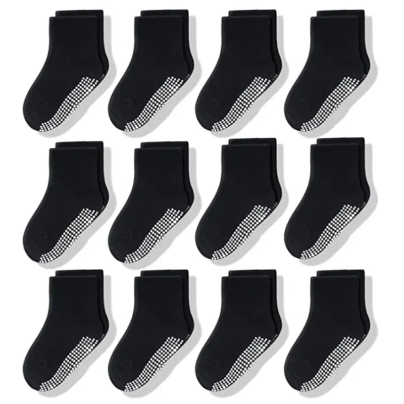 Cotton-Rich Baby Non-Slip Socks 12-Pair Pack, Crew Grip Socks with Ribbed Cuffs and Stretch Fit for Infant and Toddler Boys and Girls