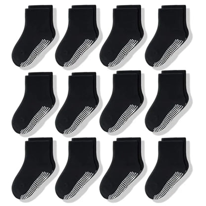 Cotton-Rich Baby Non-Slip Socks 12-Pair Pack, Crew Grip Socks with Ribbed Cuffs and Stretch Fit for Infant and Toddler Boys and Girls