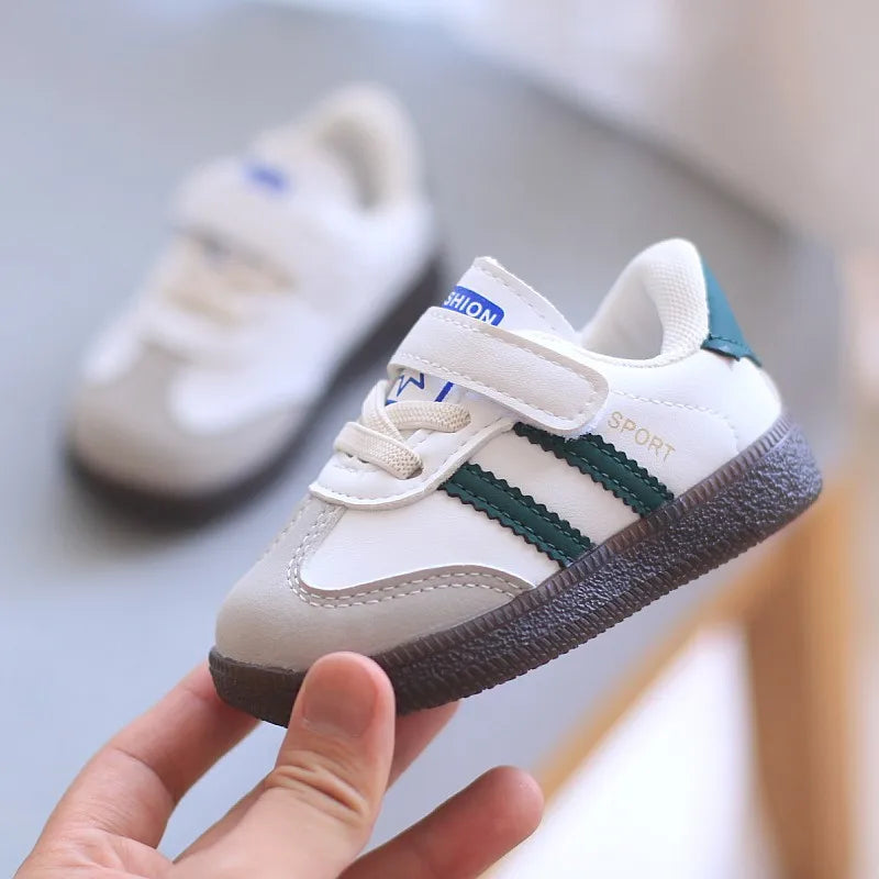 Toddler Twin Stripe Strap Sneakers with Faux PU Uppers and Lace Details, Black, Beige or Green Casual Shoes for Boys and Girls, 11.8-16 cm Inner Lengths