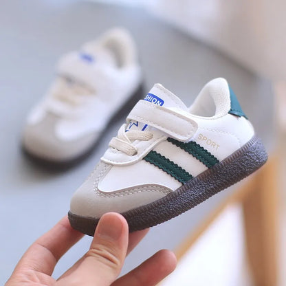 Toddler Twin Stripe Strap Sneakers with Faux PU Uppers and Lace Details, Black, Beige or Green Casual Shoes for Boys and Girls, 11.8-16 cm Inner Lengths