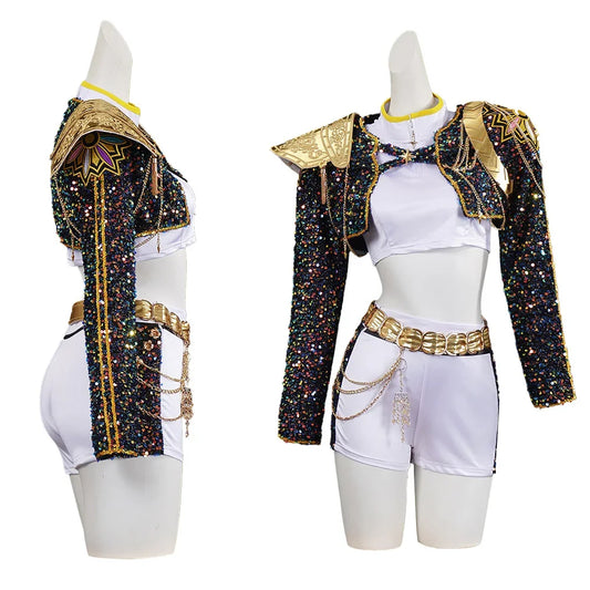 Girls Stage Performance Costume with Black and Gold Sequin-Look Jacket and White Top-and-Shorts Styling for Cosplay, Halloween and Dress-Up
