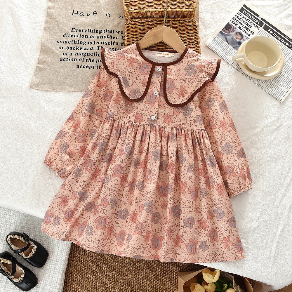 Toddler Girls Floral Dress with Oversized Collar and Long Sleeves, Bear Leader Outfit in Sizes 2T–6T for Spring, Fall and Family Photos