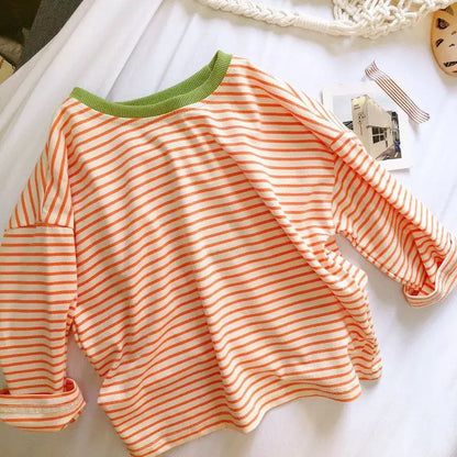 Toddler Striped Long Sleeve Shirt with Contrast Crewneck, Relaxed Fit Black or Orange Tee for Boys and Girls, Baby Sizes 9-12M to 5T