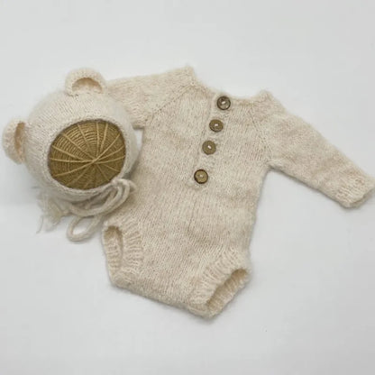 Newborn Bear Photography Outfit with Long Sleeve Knitted Romper and Bear Ear Bonnet, Optional Knit Toy for Baby Boys and Girls Portrait Sessions