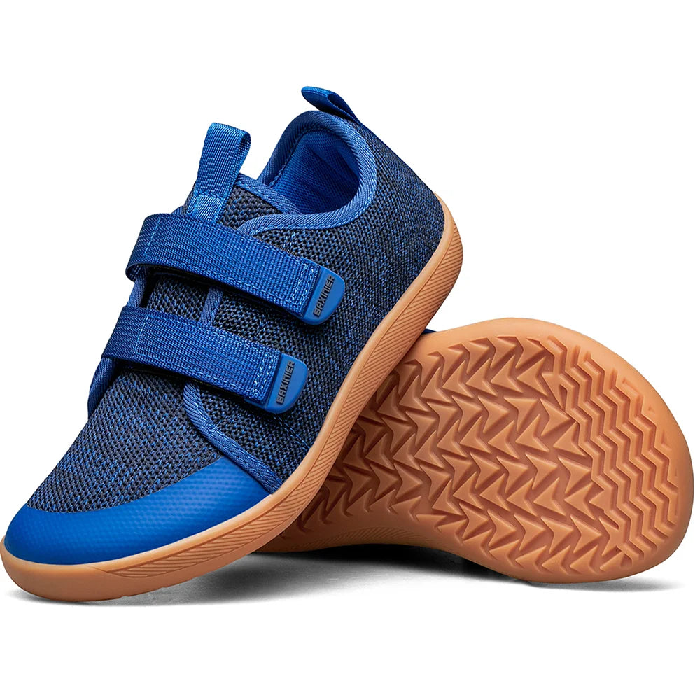 Kids Barefoot-Style Mesh Sneakers with Wide Toe and Double-Strap Fastening, Breathable Knitted Casual Walking Shoes in Gray, Black or Blue for Boys and Girls