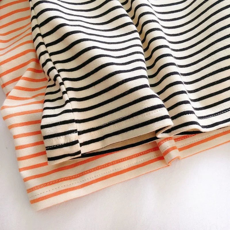 Toddler Striped Long Sleeve Shirt with Contrast Crewneck, Relaxed Fit Black or Orange Tee for Boys and Girls, Baby Sizes 9-12M to 5T
