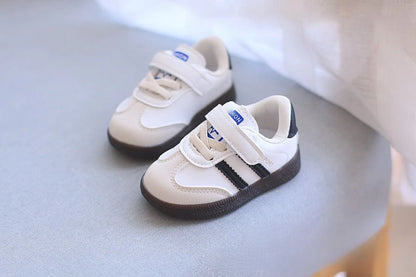 Toddler Twin Stripe Strap Sneakers with Faux PU Uppers and Lace Details, Black, Beige or Green Casual Shoes for Boys and Girls, 11.8-16 cm Inner Lengths