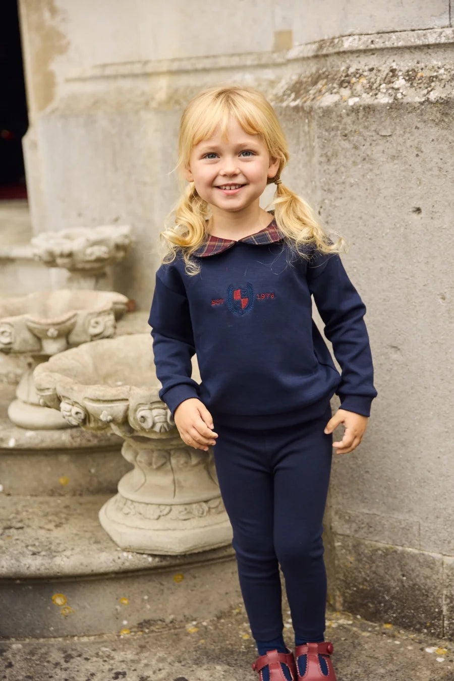 Kids Matching Varsity Outfits, Navy Embroidered Tops, Denim Skirts and Dresses for Babies, Boys and Girls, Sibling Photos and Fall Layering