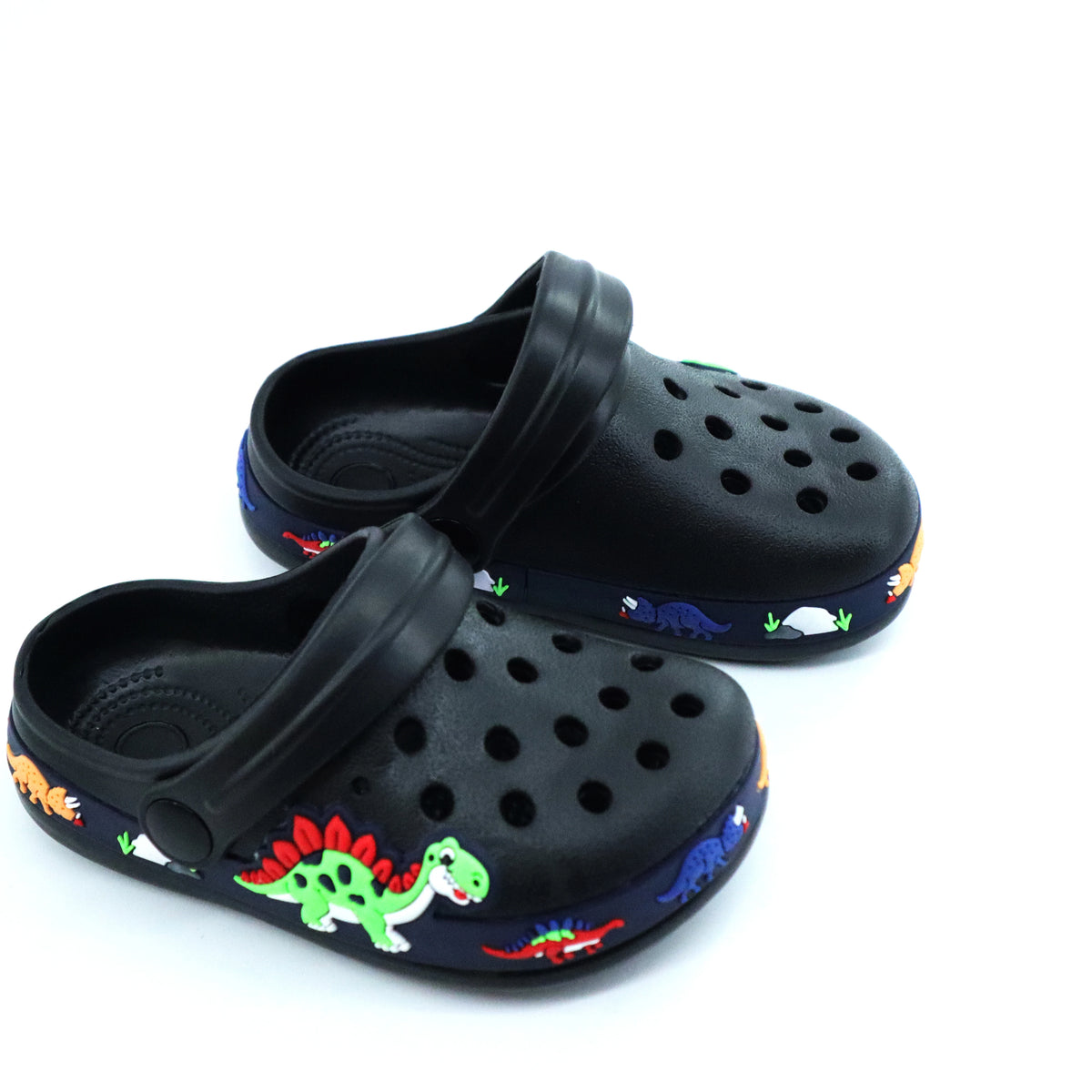 Dinosaur Kids Garden Clogs with Ventilation Holes and Pivoting Heel Strap, Closed-Toe Slip-On Summer Shoes for Boys and Girls Casual Outfits