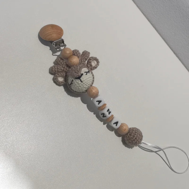Custom Name Pacifier Clip with Crochet Animal Detail, Beech Wood Holder and Letter Beads, Personalized Baby Shower Gift for Everyday Outings
