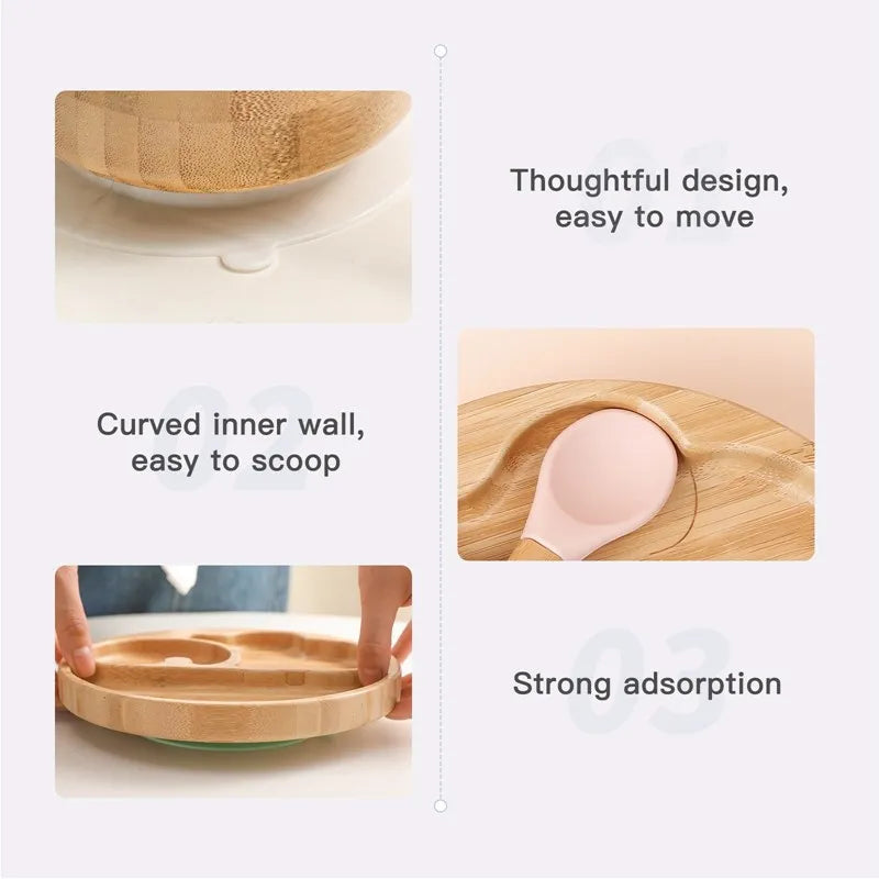 Bamboo Baby Tableware Set with Animal Plate Designs, Bowl, Cup and Wooden-Handle Utensil Options for Supervised Infant and Toddler Mealtimes