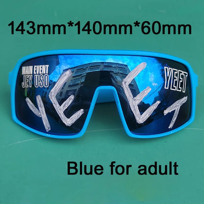 YEET Graphic Sunglasses with Jey Uso Main Event Lettering, Colorful Shield-Style Fan Shades in Children's and Adult Options for Party Outfits