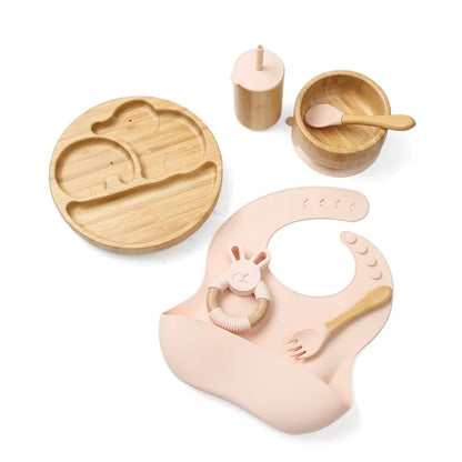 Bamboo Baby Tableware Set with Animal Plate Designs, Bowl, Cup and Wooden-Handle Utensil Options for Supervised Infant and Toddler Mealtimes