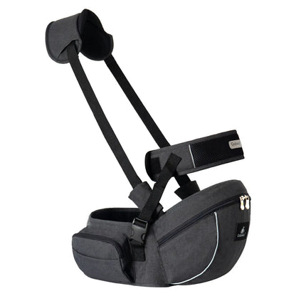 Waist-Mounted Baby Hip Seat with Padded Shoulder Strap and Zippered Storage Pockets, Gray or Black Carrying Accessory for Everyday Parent Outings