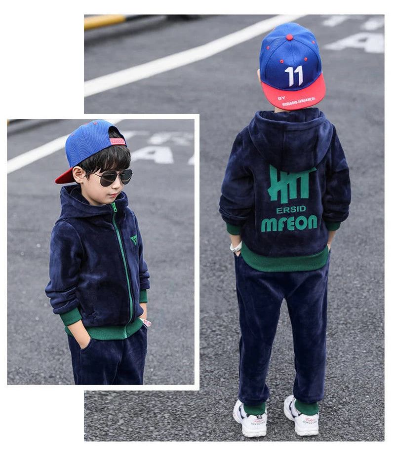 Boys Winter Tracksuit Set with Velvet-Texture Zip-Up Hooded Jacket and Matching Pants, 2-Piece Polyester Outfit for Ages 3-10