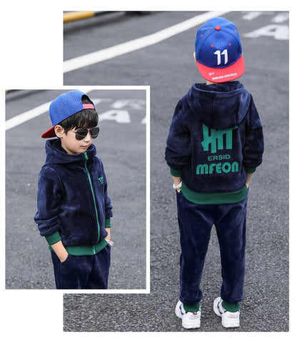 Boys Winter Tracksuit Set with Velvet-Texture Zip-Up Hooded Jacket and Matching Pants, 2-Piece Polyester Outfit for Ages 3-10