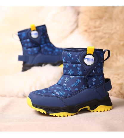 Snowflake Print Kids Winter Boots with Padded Shafts, Pull Tabs and Chunky Tread Soles, Pink Snow-Style Footwear for Boys and Girls