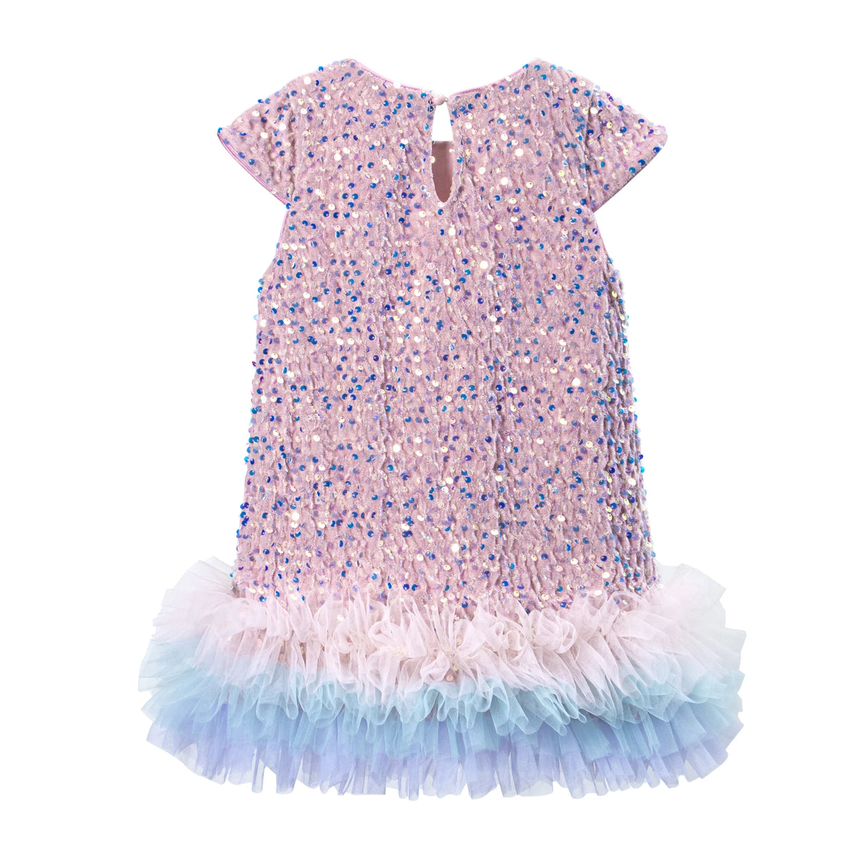 Girls Sequin Party Dress, Short Sleeve Sparkle Dress with Fluffy Mesh Ruffle Hem and Cotton Blend Lining for Birthdays and Holiday Photos, 2T-6T