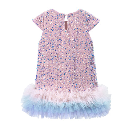 Girls Sequin Party Dress, Short Sleeve Sparkle Dress with Fluffy Mesh Ruffle Hem and Cotton Blend Lining for Birthdays and Holiday Photos, 2T-6T
