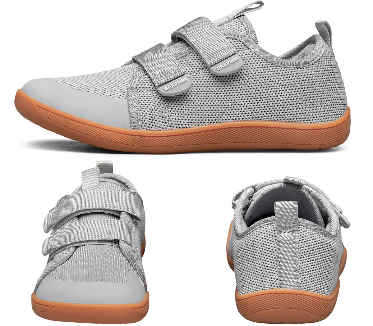 Kids Barefoot-Style Mesh Sneakers with Wide Toe and Double-Strap Fastening, Breathable Knitted Casual Walking Shoes in Gray, Black or Blue for Boys and Girls