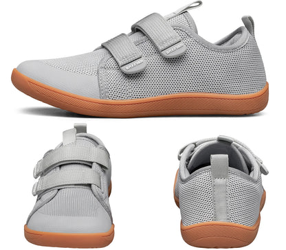 Kids Barefoot-Style Mesh Sneakers with Wide Toe and Double-Strap Fastening, Breathable Knitted Casual Walking Shoes in Gray, Black or Blue for Boys and Girls