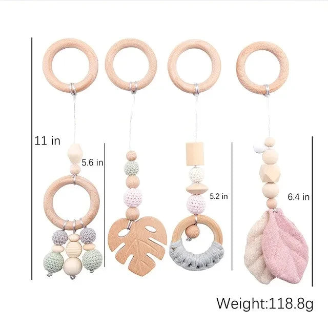 Baby Gym Hanging Toys in Wood and Cotton with Animal, Star and Moon Pendant Designs, Individual or Set Options for Supervised Play