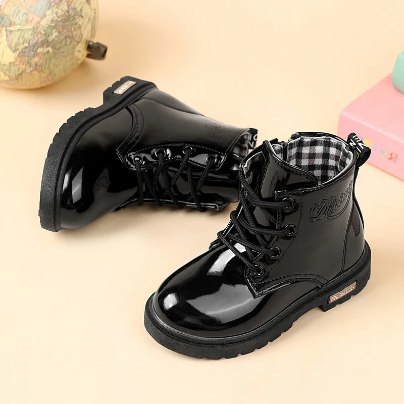 Lace-Up Kids Ankle Boots in PU Leather, Side-Zip Casual Shoes for Boys and Girls with Plush-Lined Options, Five Colors and Sizes 21-36